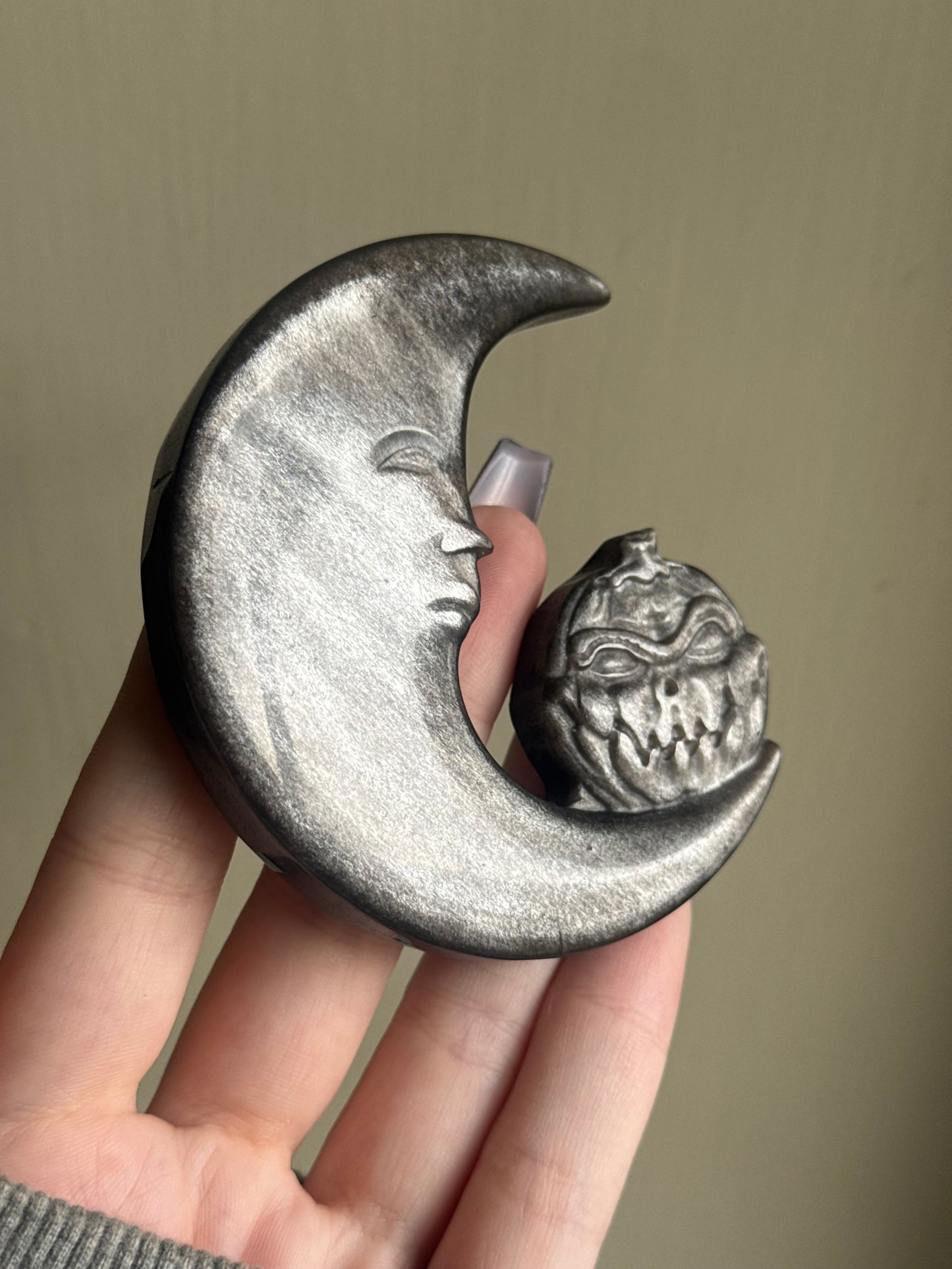 Silver sheen obsidian moon carving (stand included)