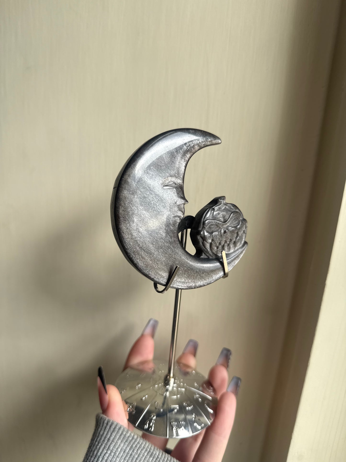 Silver sheen obsidian moon carving (stand included)