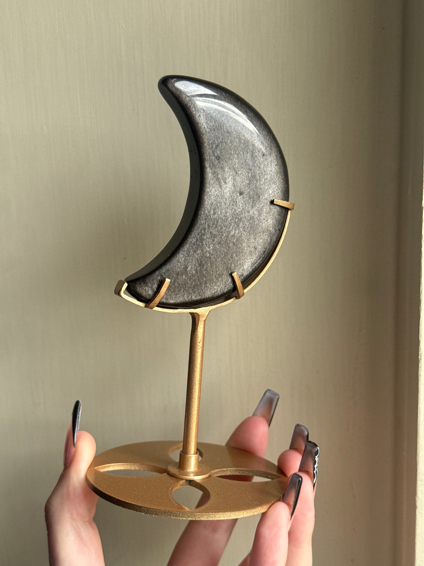 Silver sheen obsidian moon on stand (a)