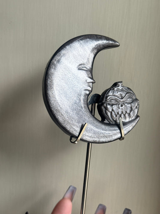 Silver sheen obsidian moon carving (stand included)